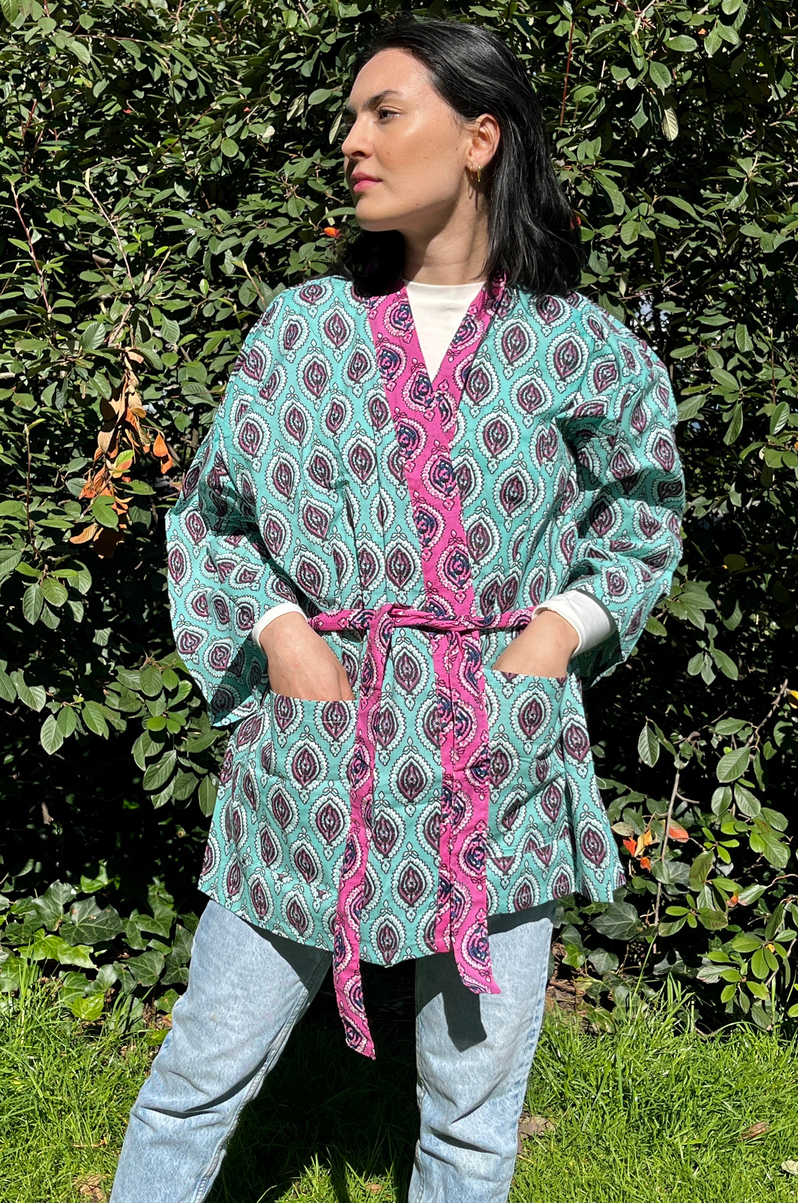 Kimono Court Turquoise et Rose