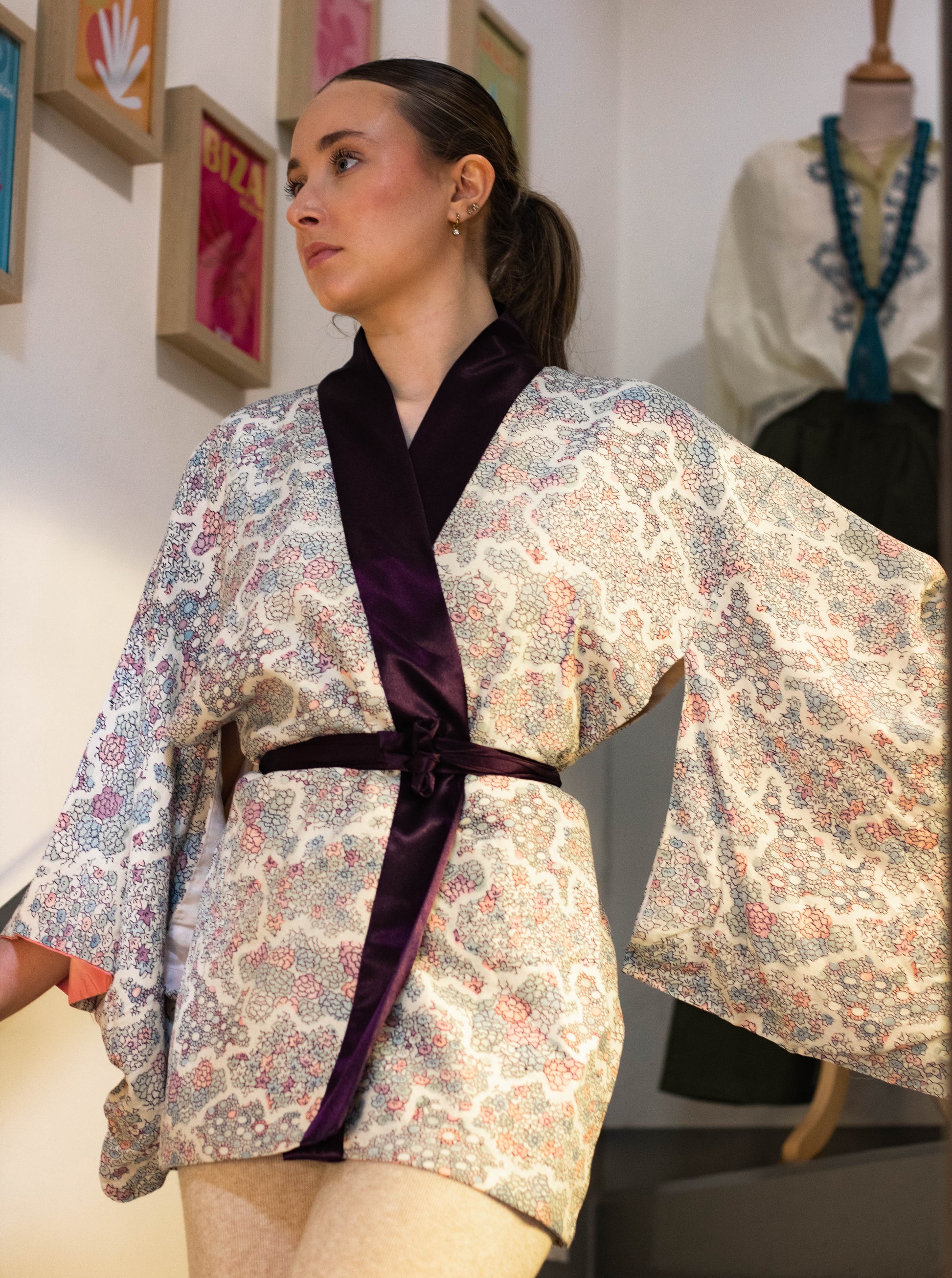 Violet and White Floral Kimono