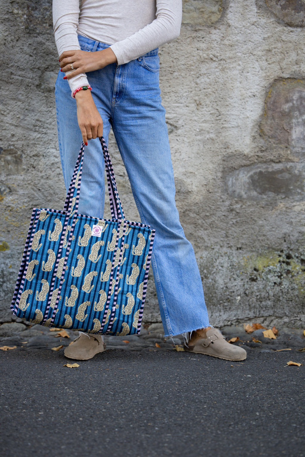 Sac tote rayé bleu léopard