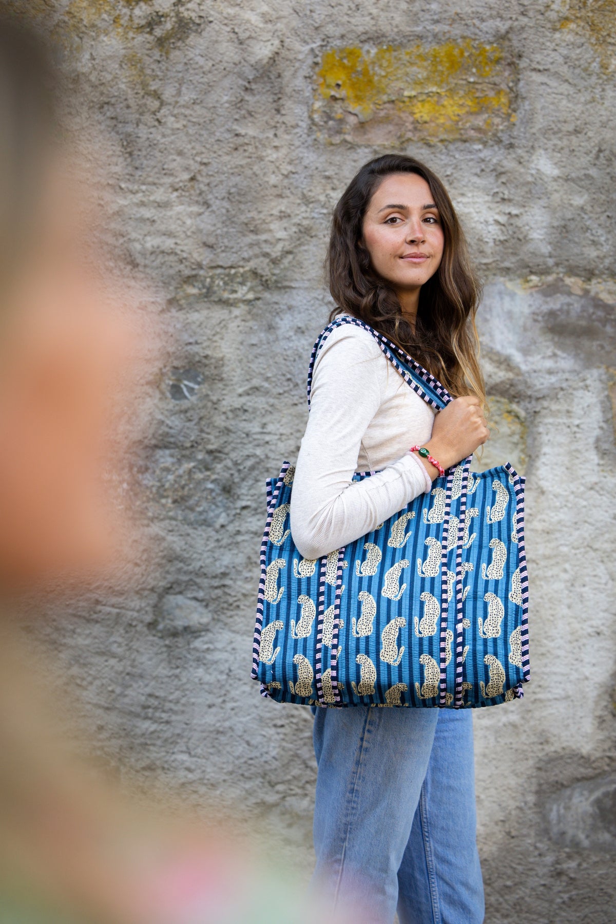 Sac tote rayé bleu léopard