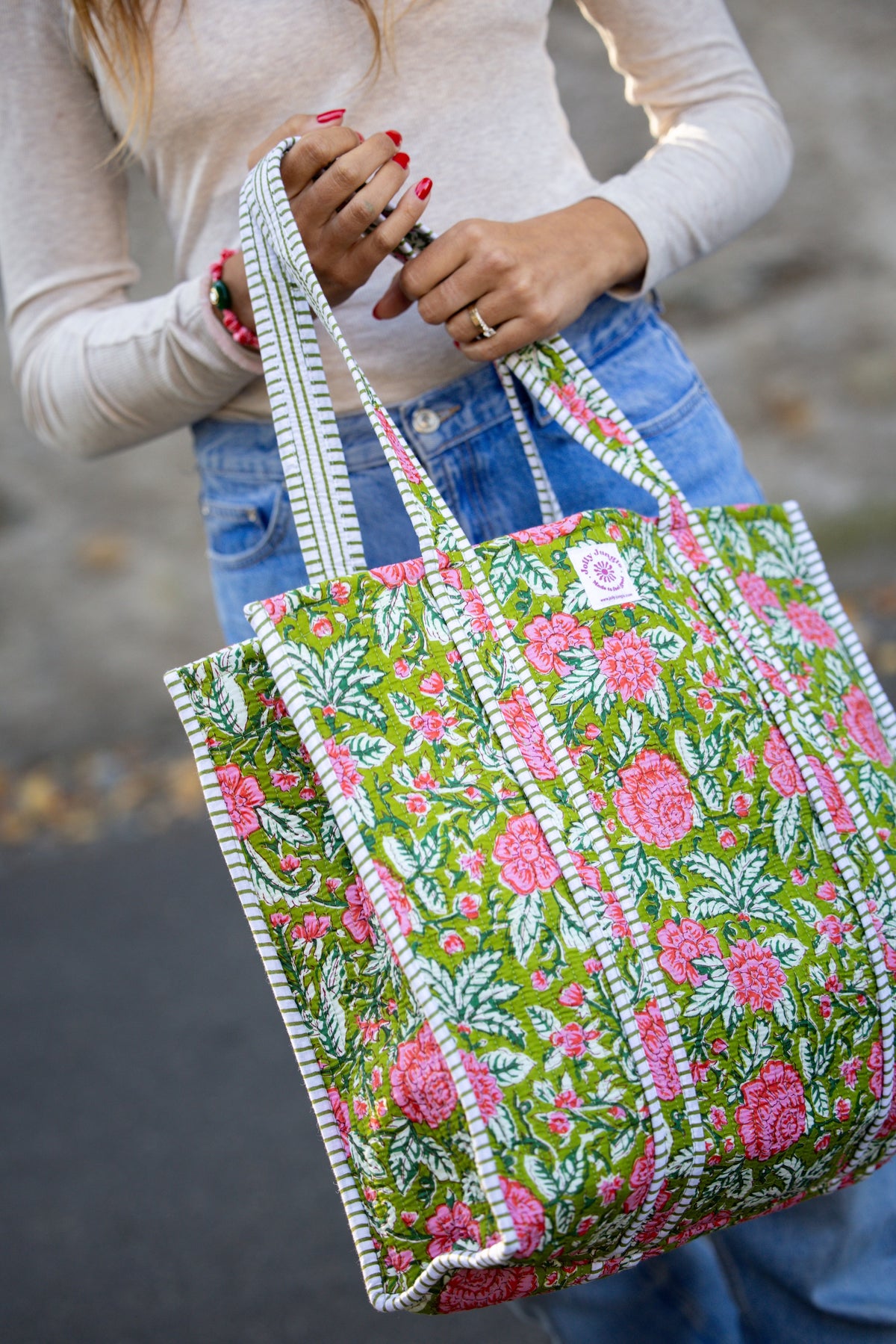 Sac Tote Vert Fleurs Roses