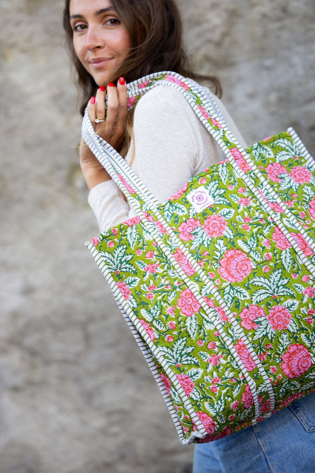 Sac Tote Vert Fleurs Roses - Jolly Jungle 