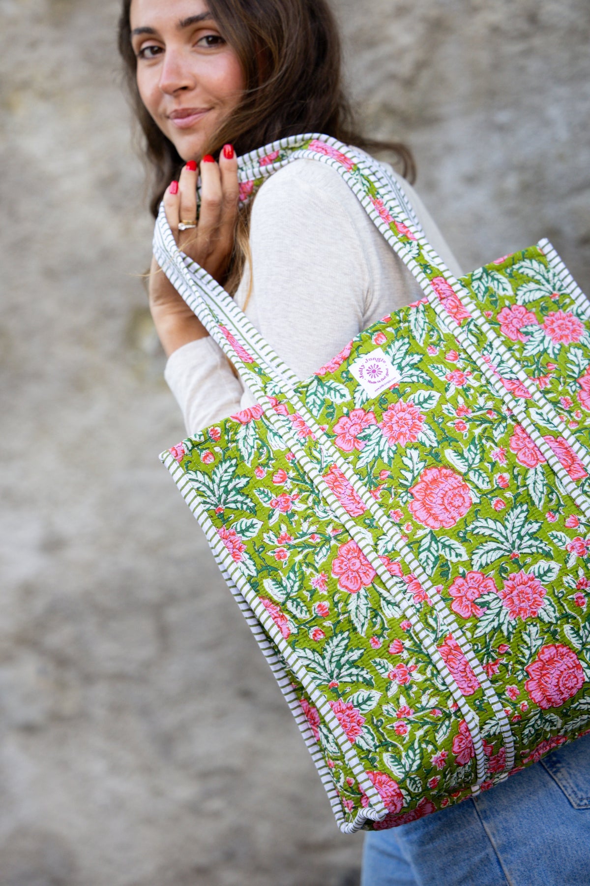 Sac Tote Vert Fleurs Roses