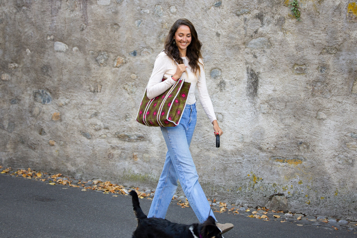 Sac Tote Velours Vert et Rose