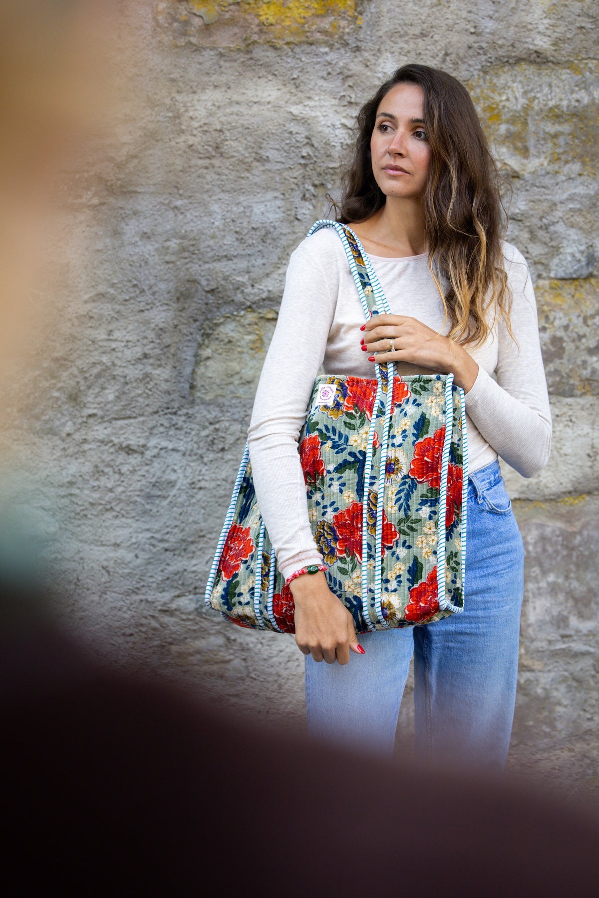 Sac Tote Velours bleu-vert fleurs