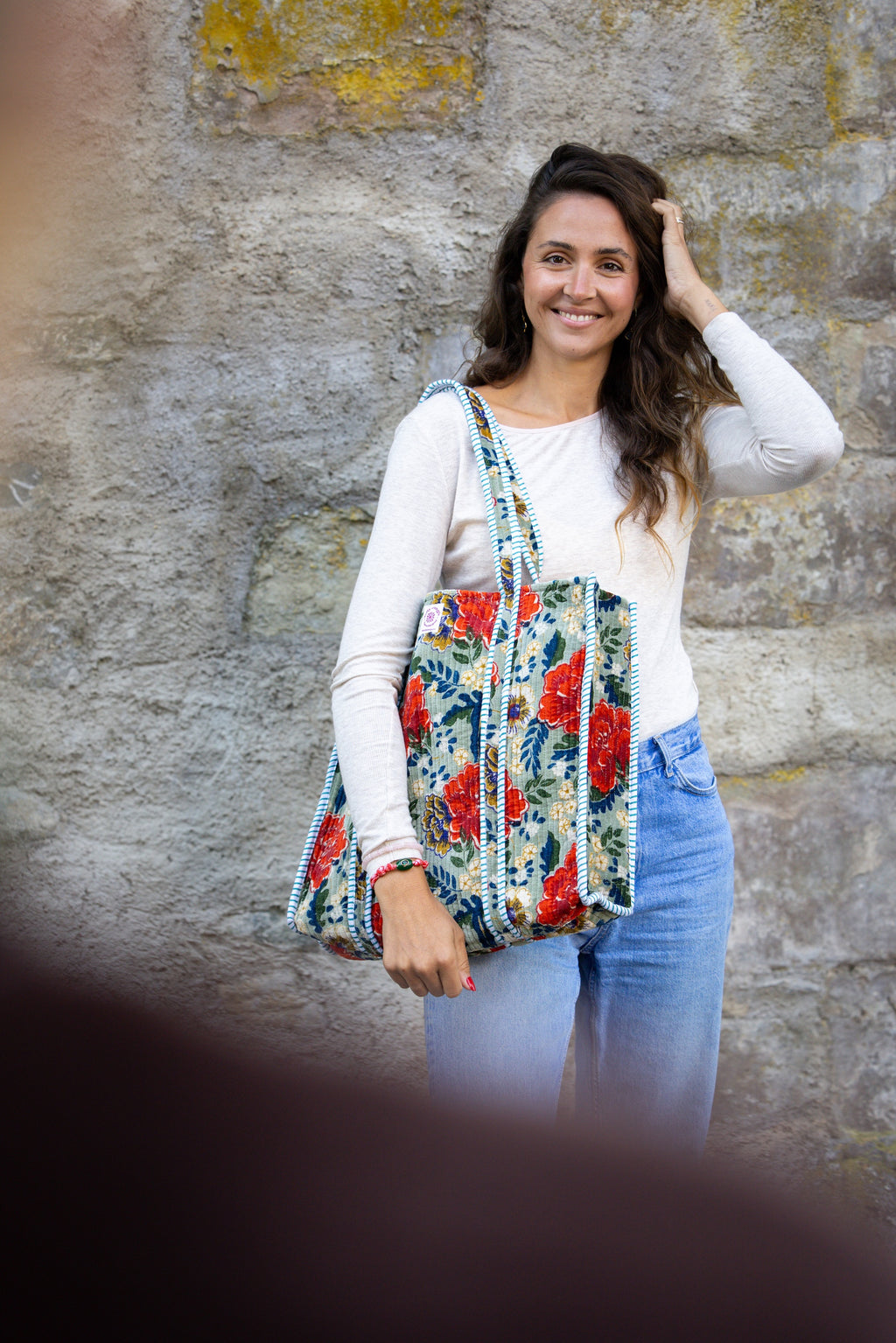 Sac Tote Velours bleu-vert fleurs - Jolly Jungle 