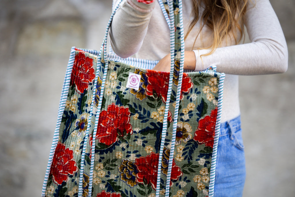 Sac Tote Velours bleu-vert fleurs - Jolly Jungle 