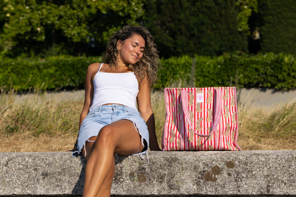 Sac tote rayures rouges et roses tigre