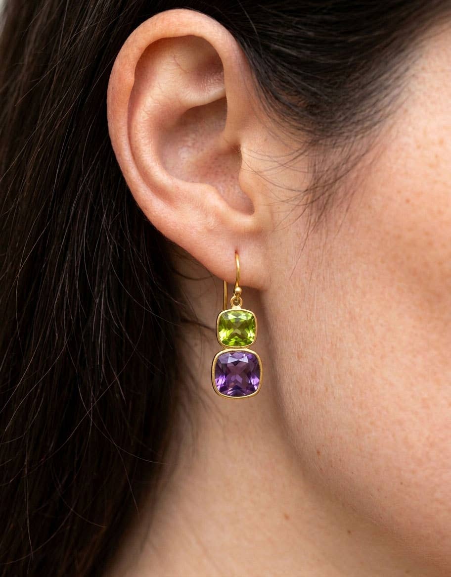 Boucles d'oreilles Jaipur Argent plaqué or - Péridot & Améthyste