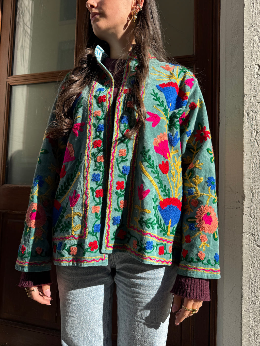 Veste Brodée Velours Bleu Canard