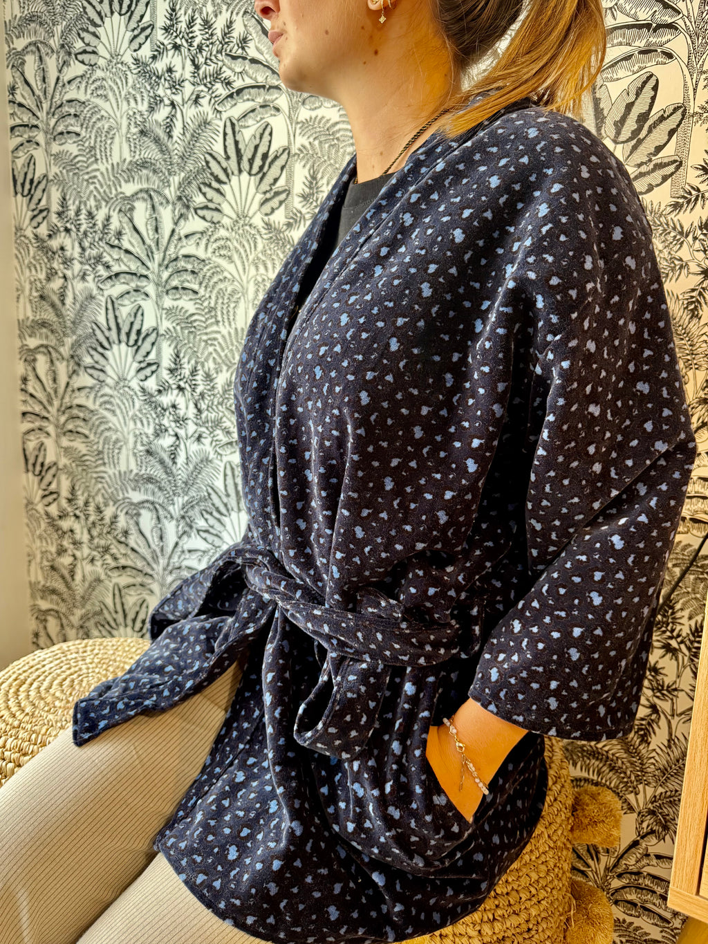Kimono Velour Jungle Lounge Léopard Bleu
