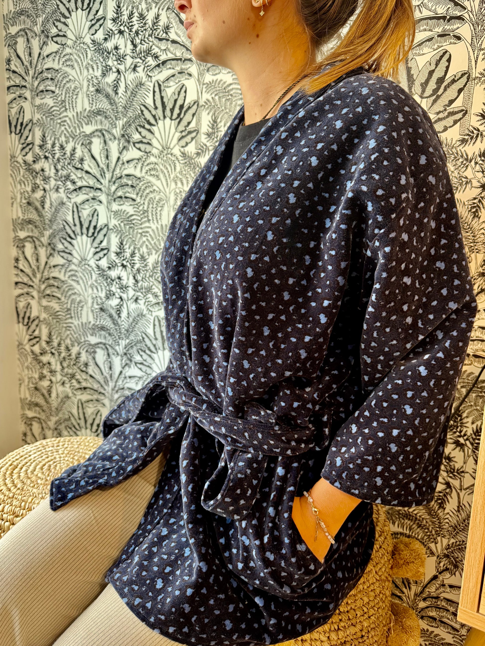 Kimono Velour Jungle Lounge Léopard Bleu