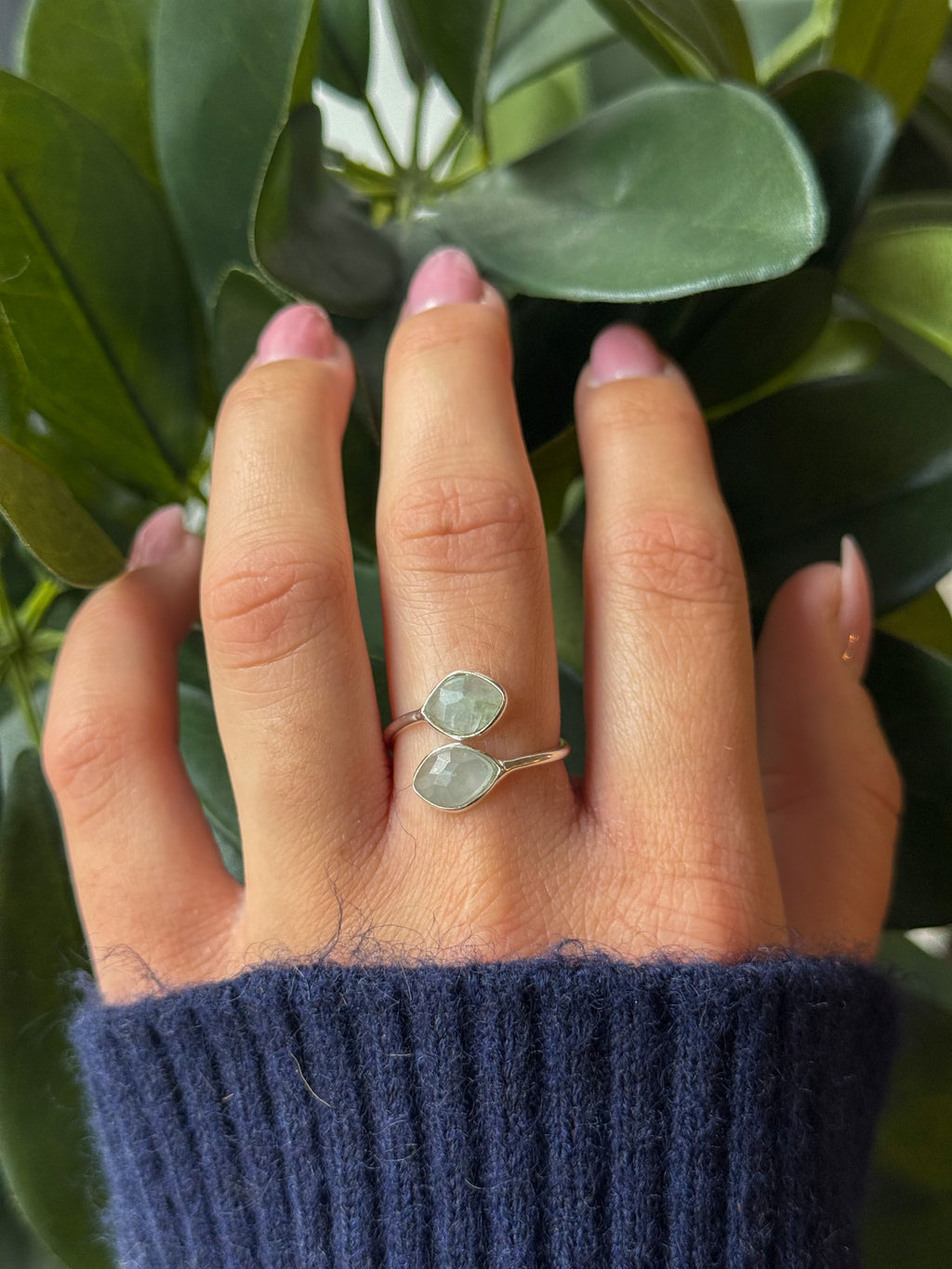 Bague Réglable Navette Argent Aigue Marine