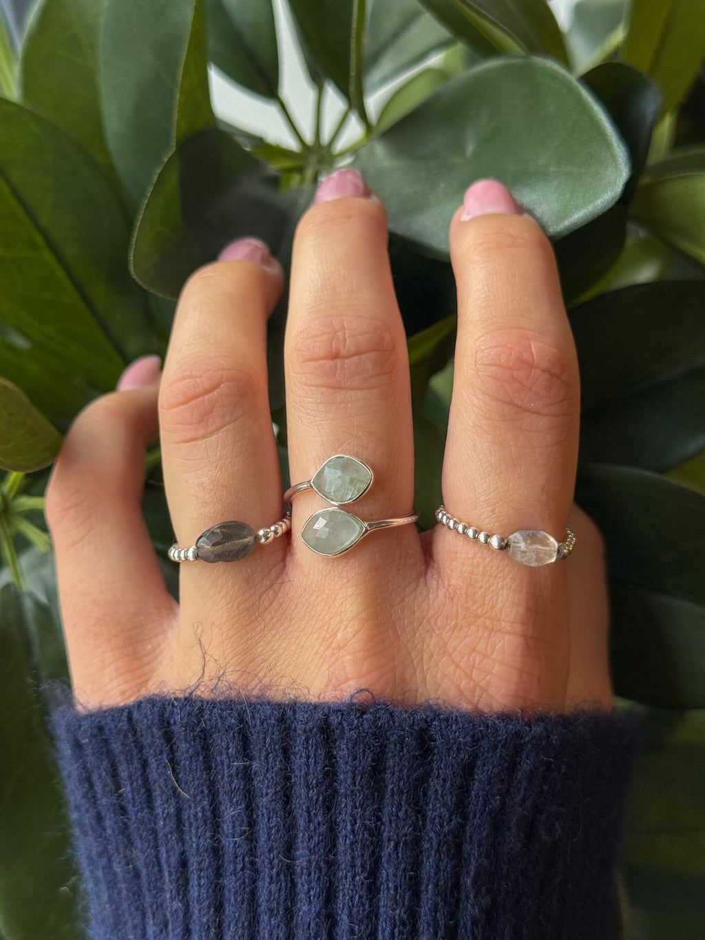 Bague Réglable Navette Argent Aigue Marine