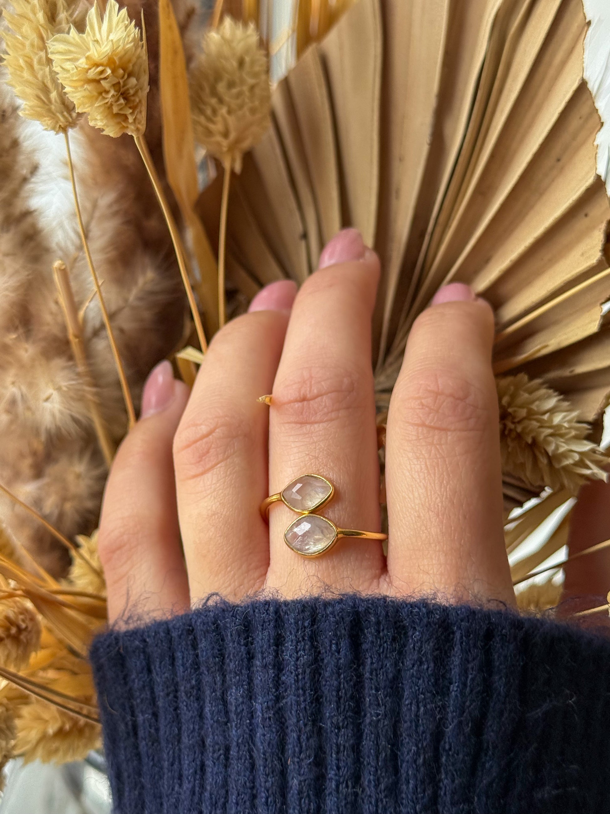 Bague Réglable Navette Argent Plaqué Or Pierre de Lune