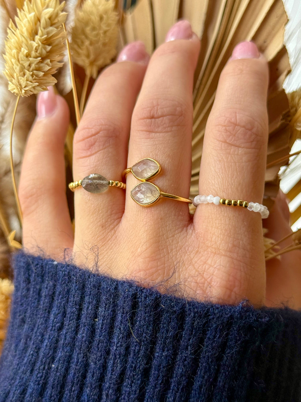 Bague Réglable Navette Argent Plaqué Or Pierre de Lune