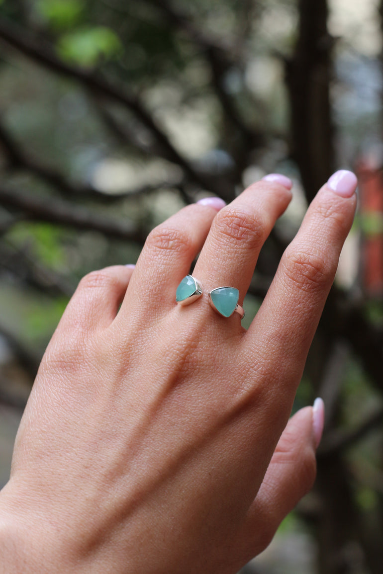 Bague Toi et Moi Argent Aqua Calcédoine