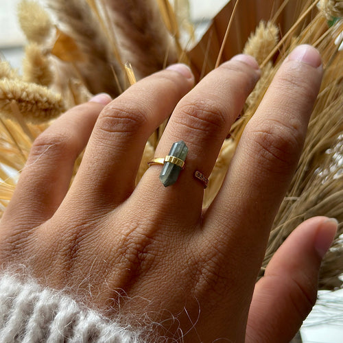 Bague Everest Argent Plaqué Or Réglable Labradorite