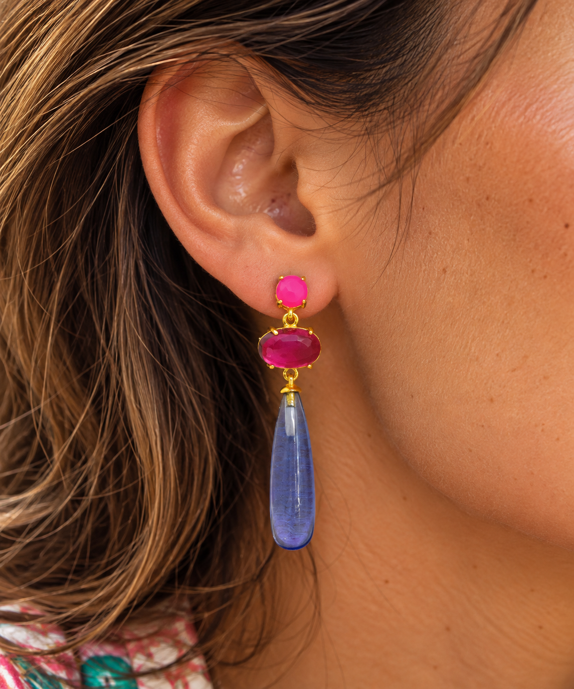 Boucles d'oreilles Jana, argent 925 plaqué or, onyx rose et tanzanite