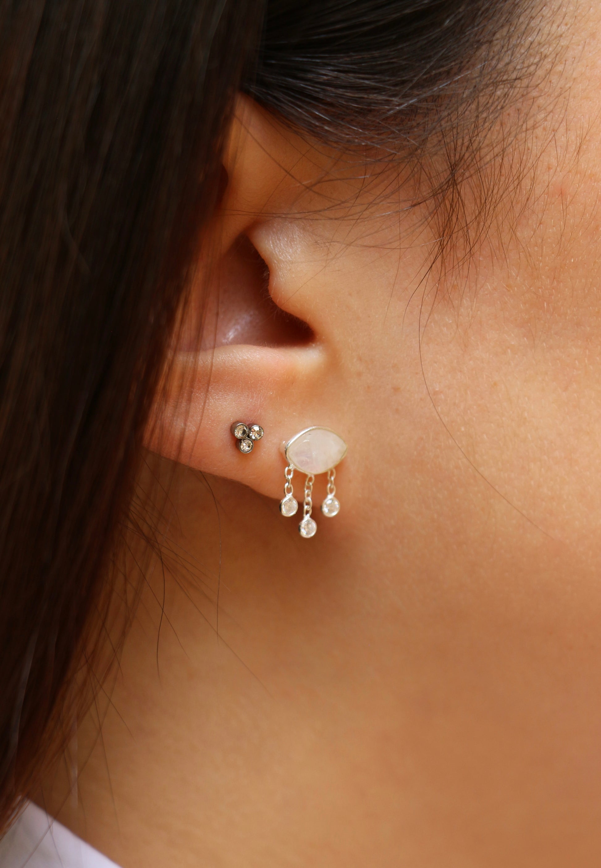 Boucles Clous Argent Evil Eye Pierre de Lune