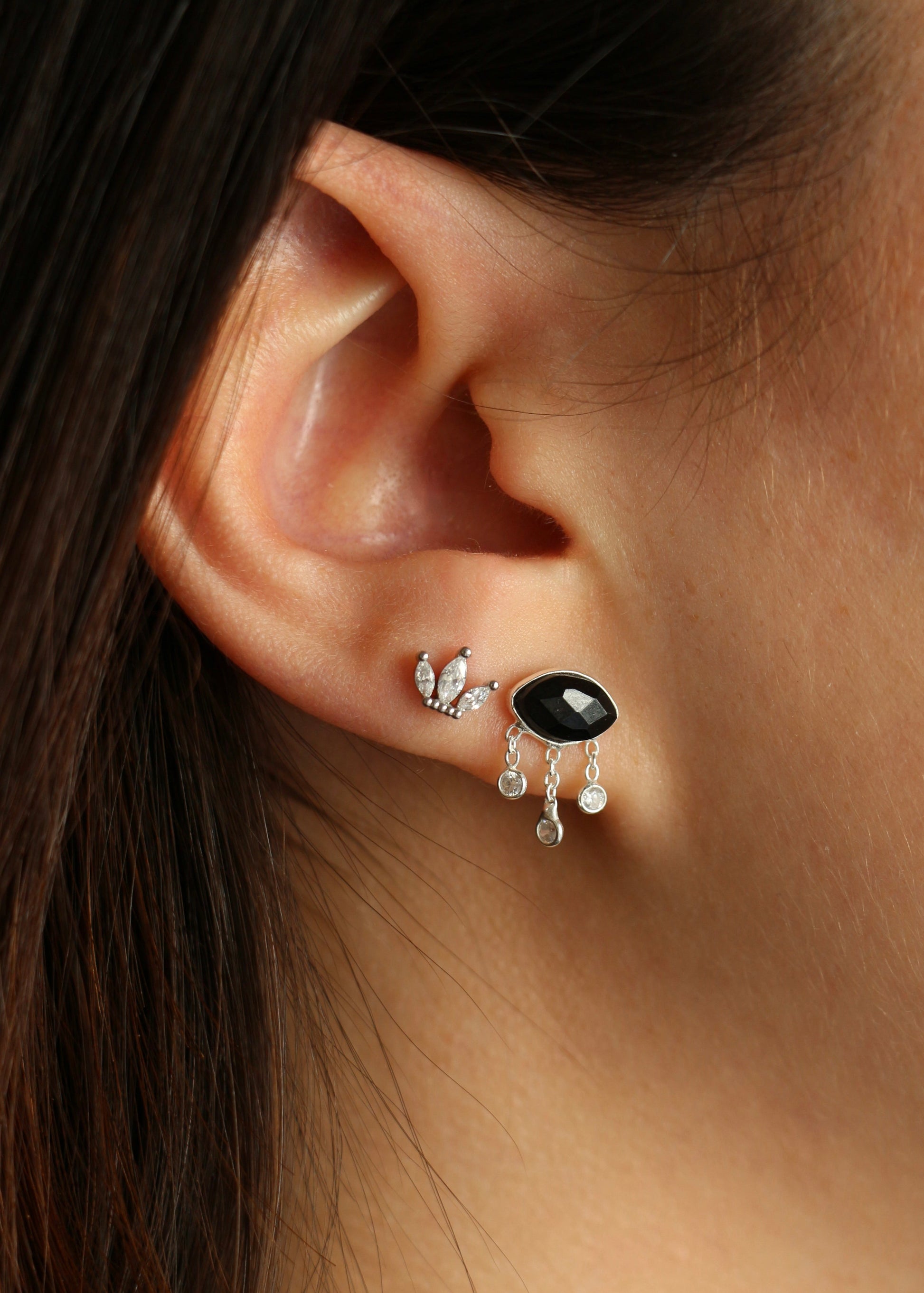 Boucles Clous Argent Evil Eyes Spinelle noire