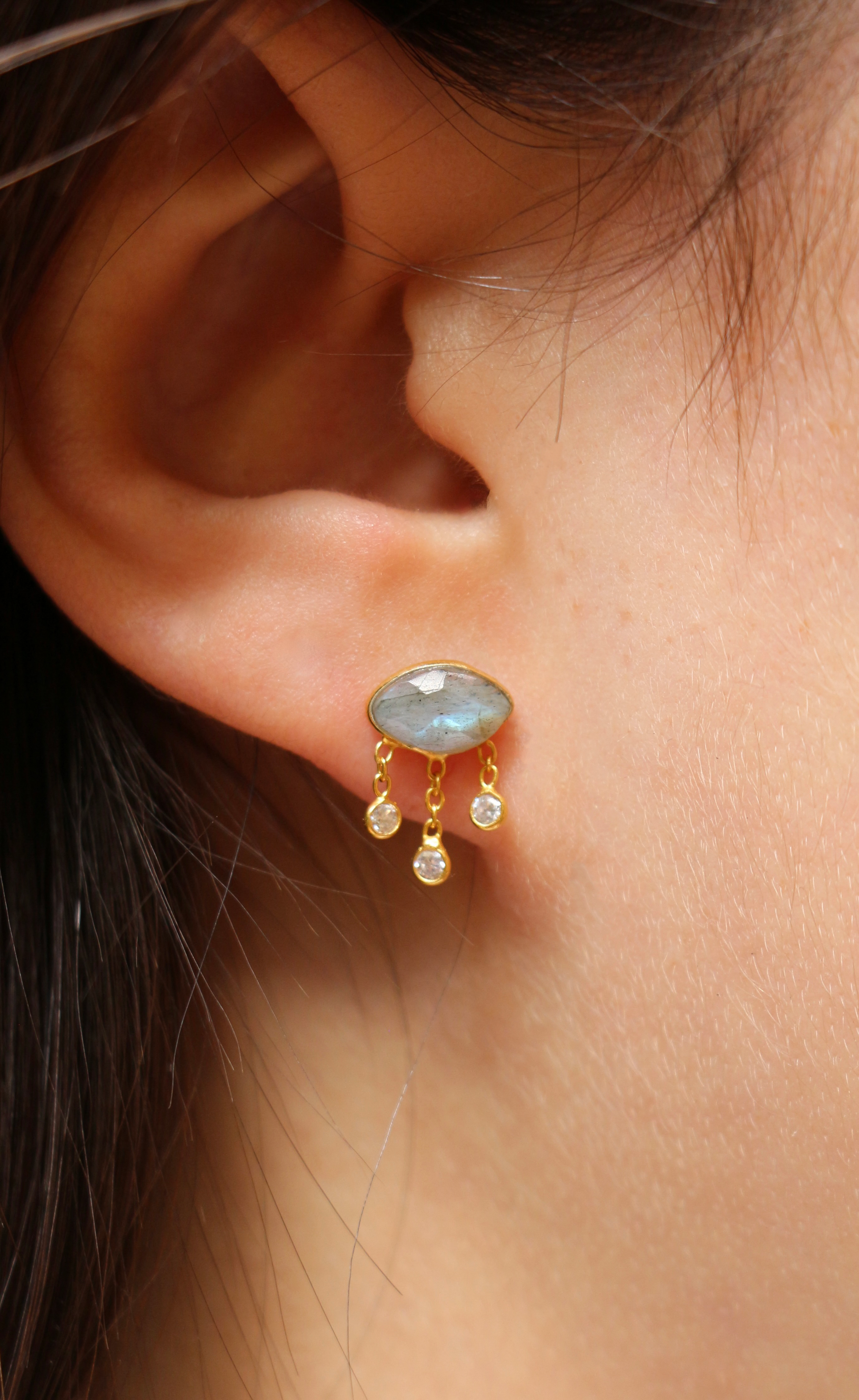 Boucles Clous Argent Plaqué Or Evil Eyes Labradorite