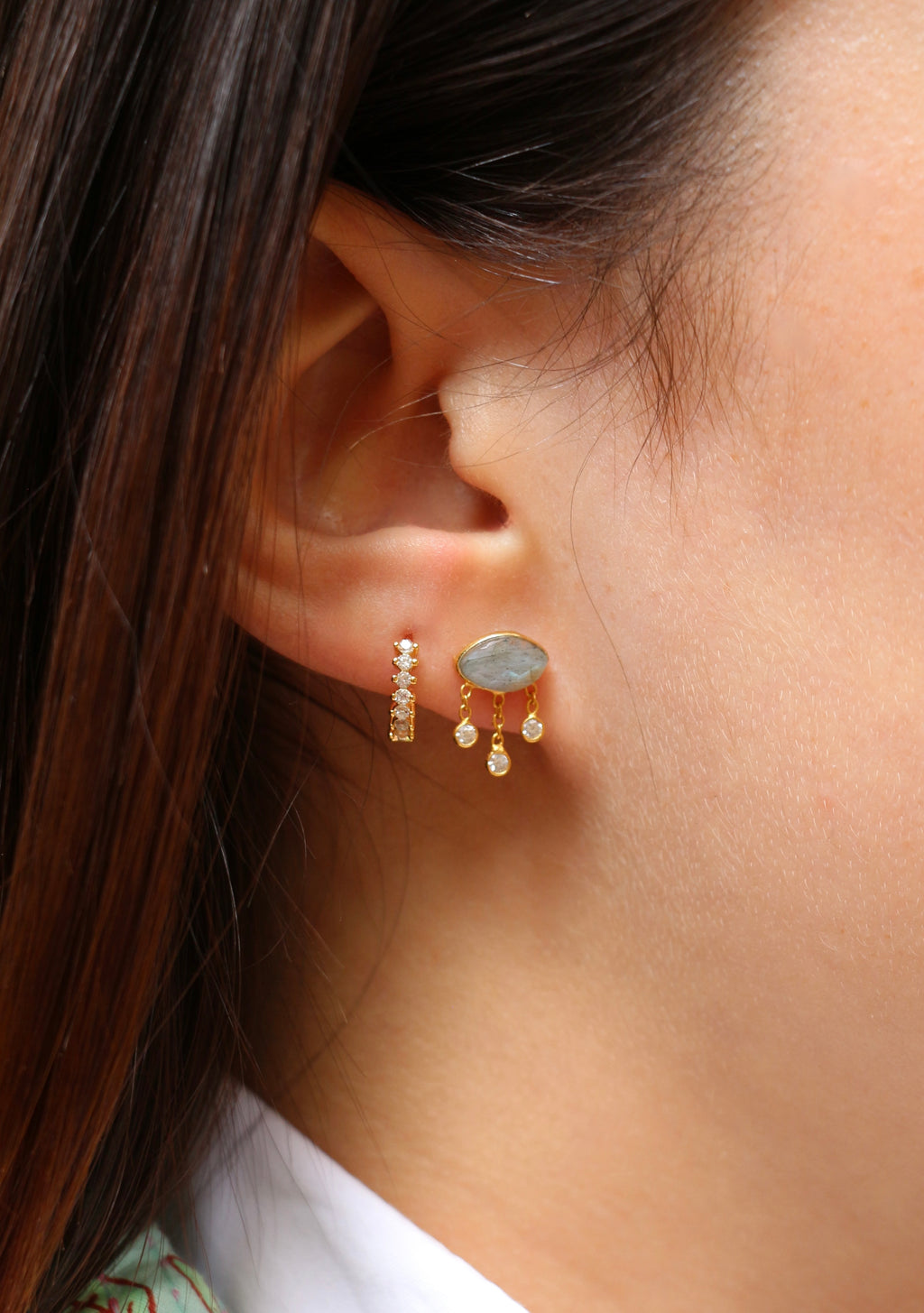 Boucles Clous Argent Plaqué Or Evil Eyes Labradorite