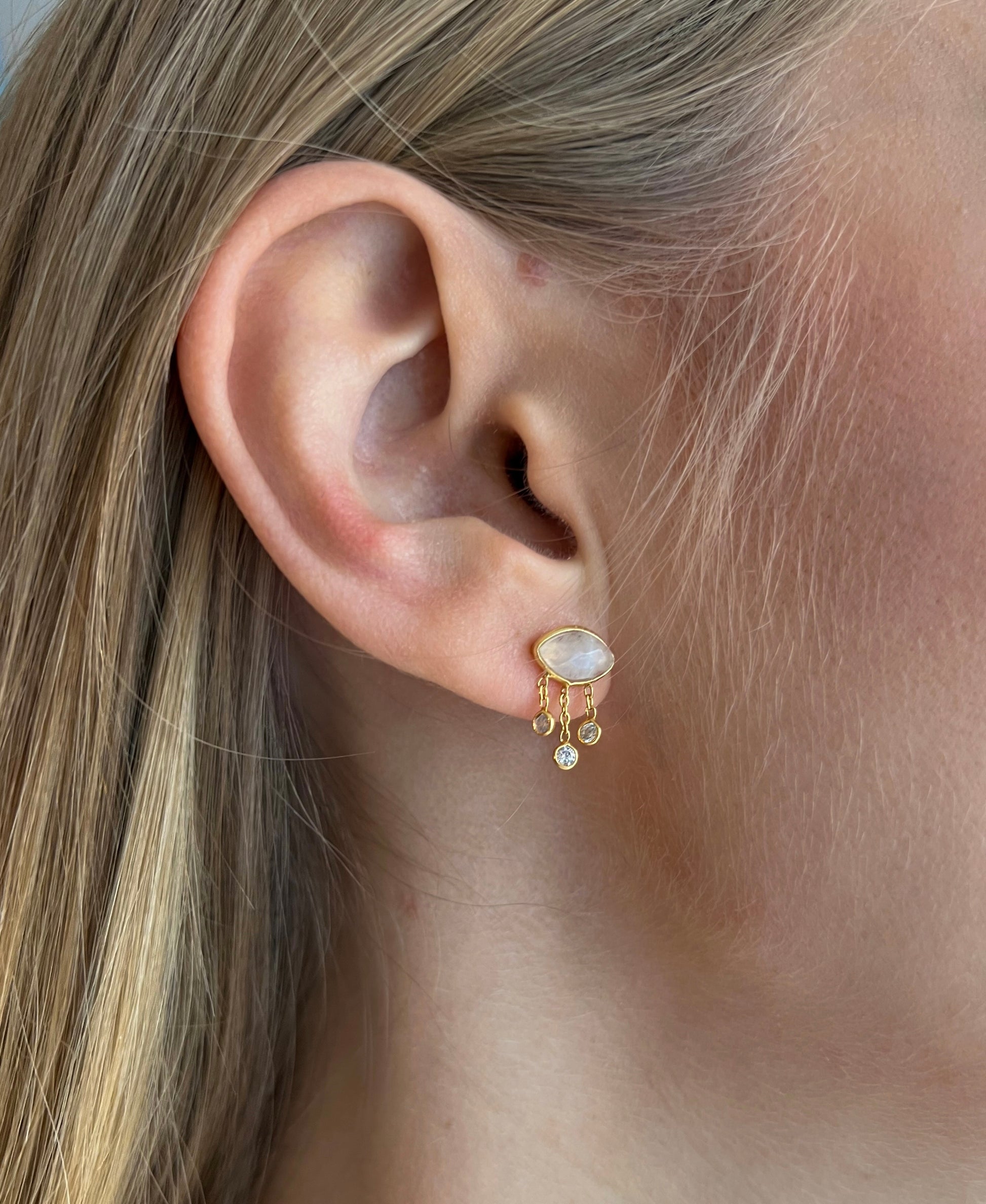 Boucles Clous Argent Plaqué Or Evil Eyes Pierre de Lune