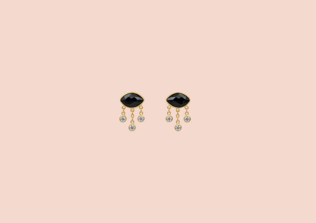 Boucles Clous Argent Plaqué Or Evil Eyes Spinelle noire