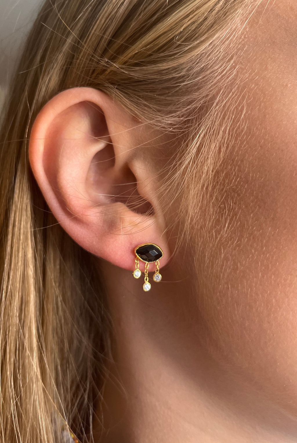 Boucles Clous Argent Plaqué Or Evil Eyes Spinelle noire