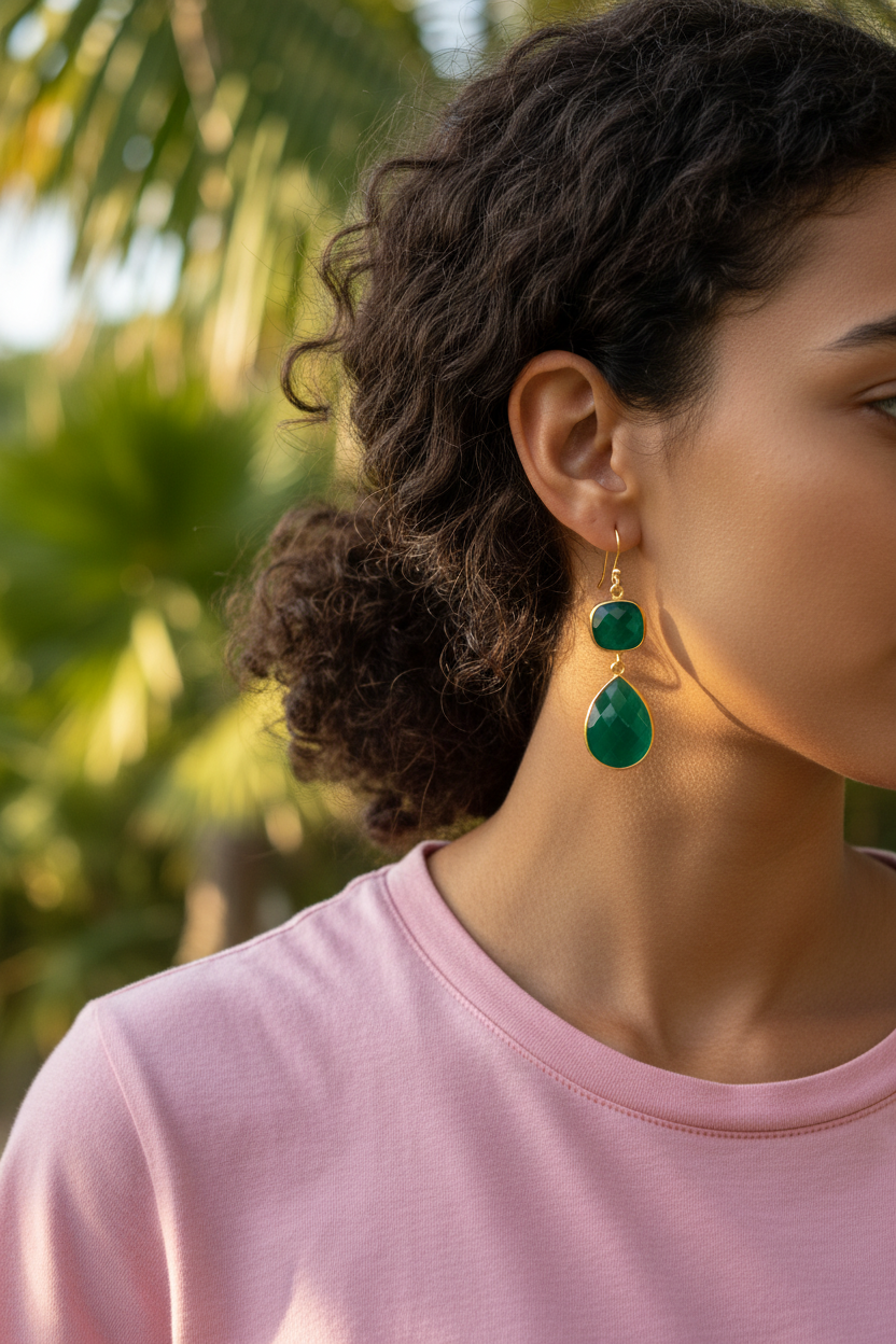 Boucles d'oreilles Agra argent plaqué or Onyx Vert