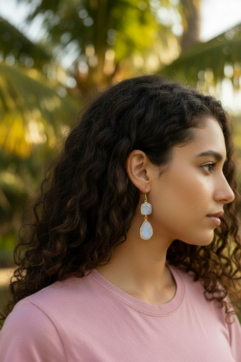 Boucles d'oreilles Agra argent plaqué or Pierre de lune