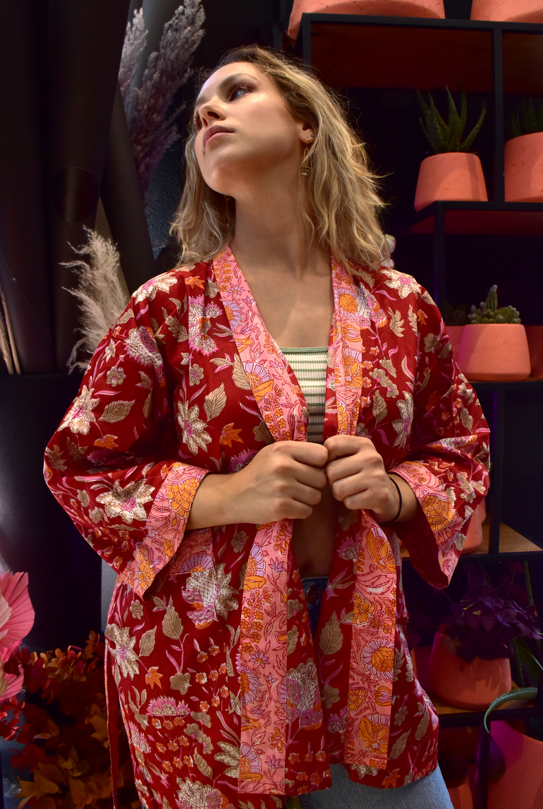 Kimono court Rouge Fleurs - Jolly Jungle