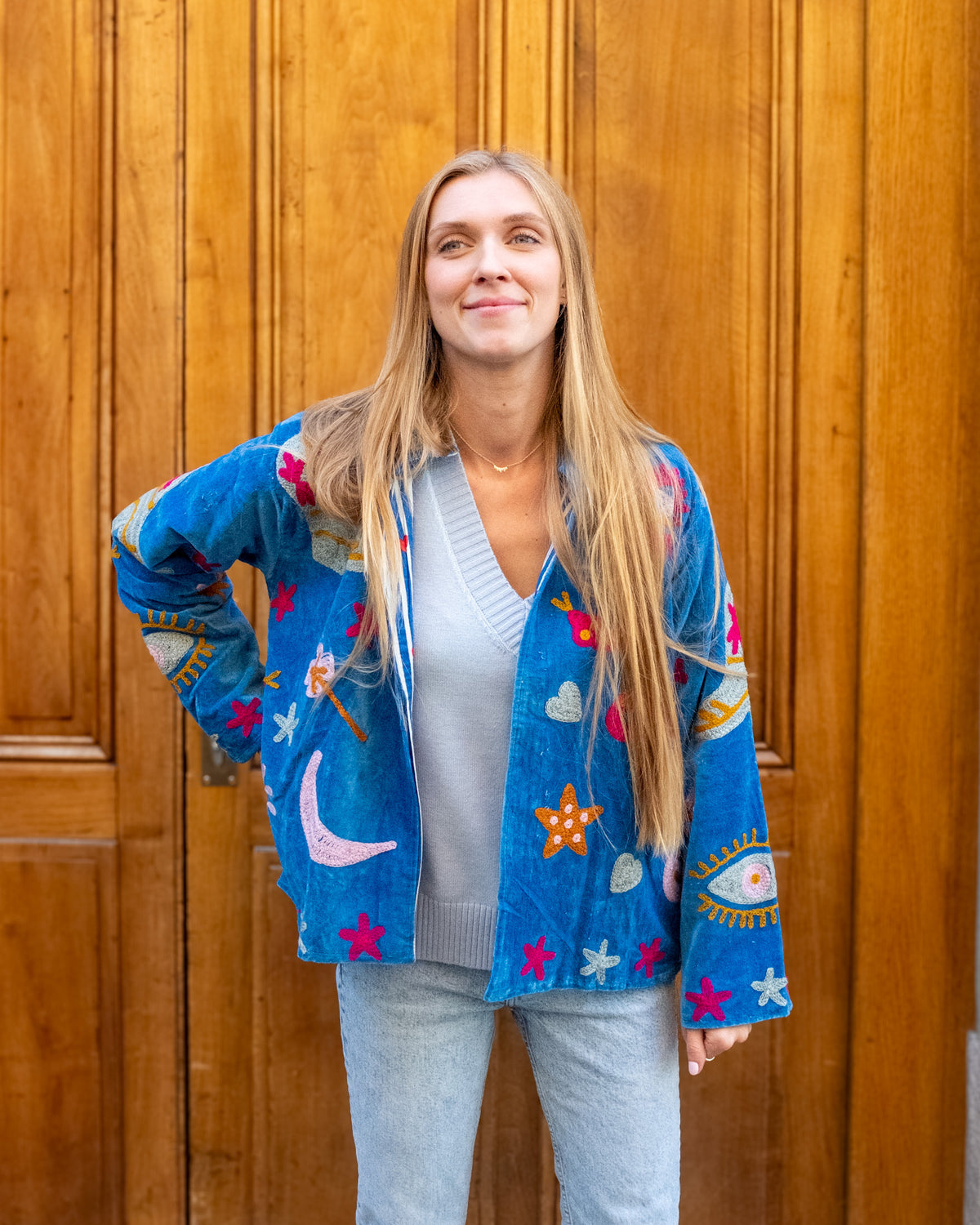 Veste brodée velours bleue serpent