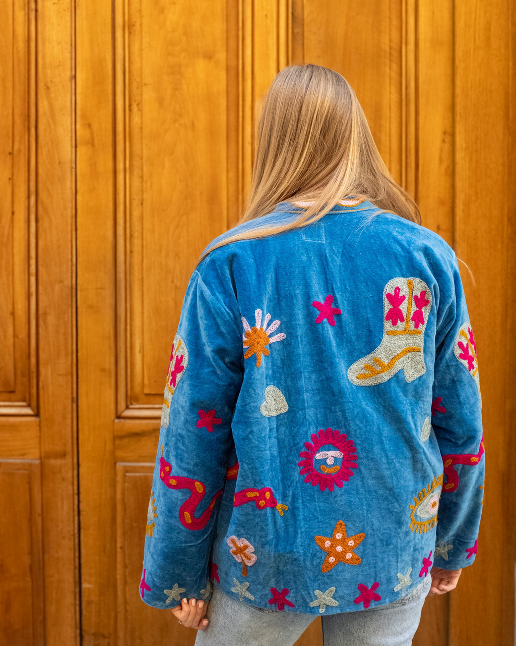 Veste brodée velours bleue serpent