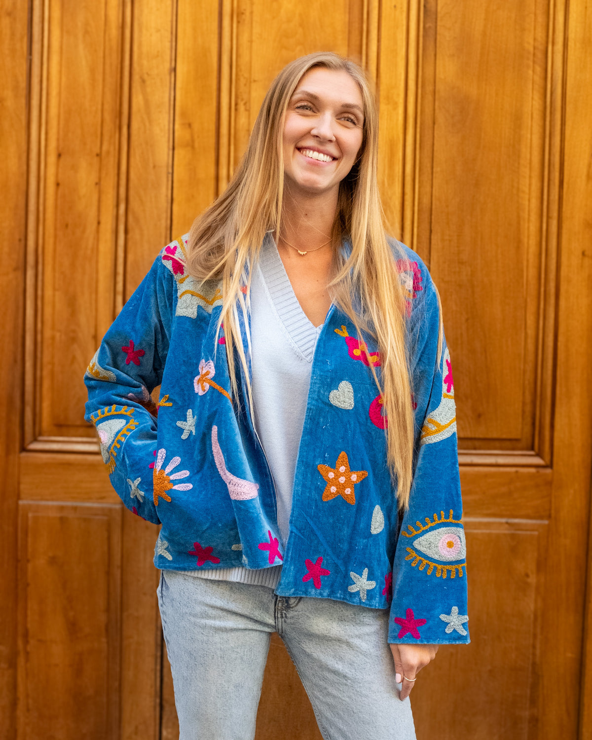 Veste brodée velours bleue serpent