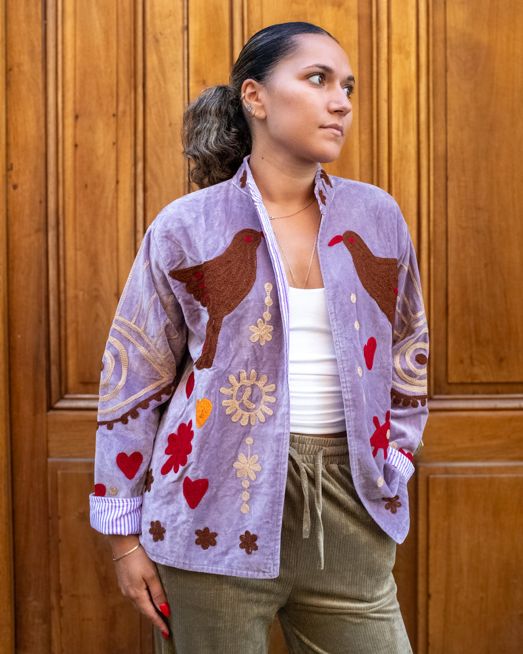 Veste brodée velours mauve