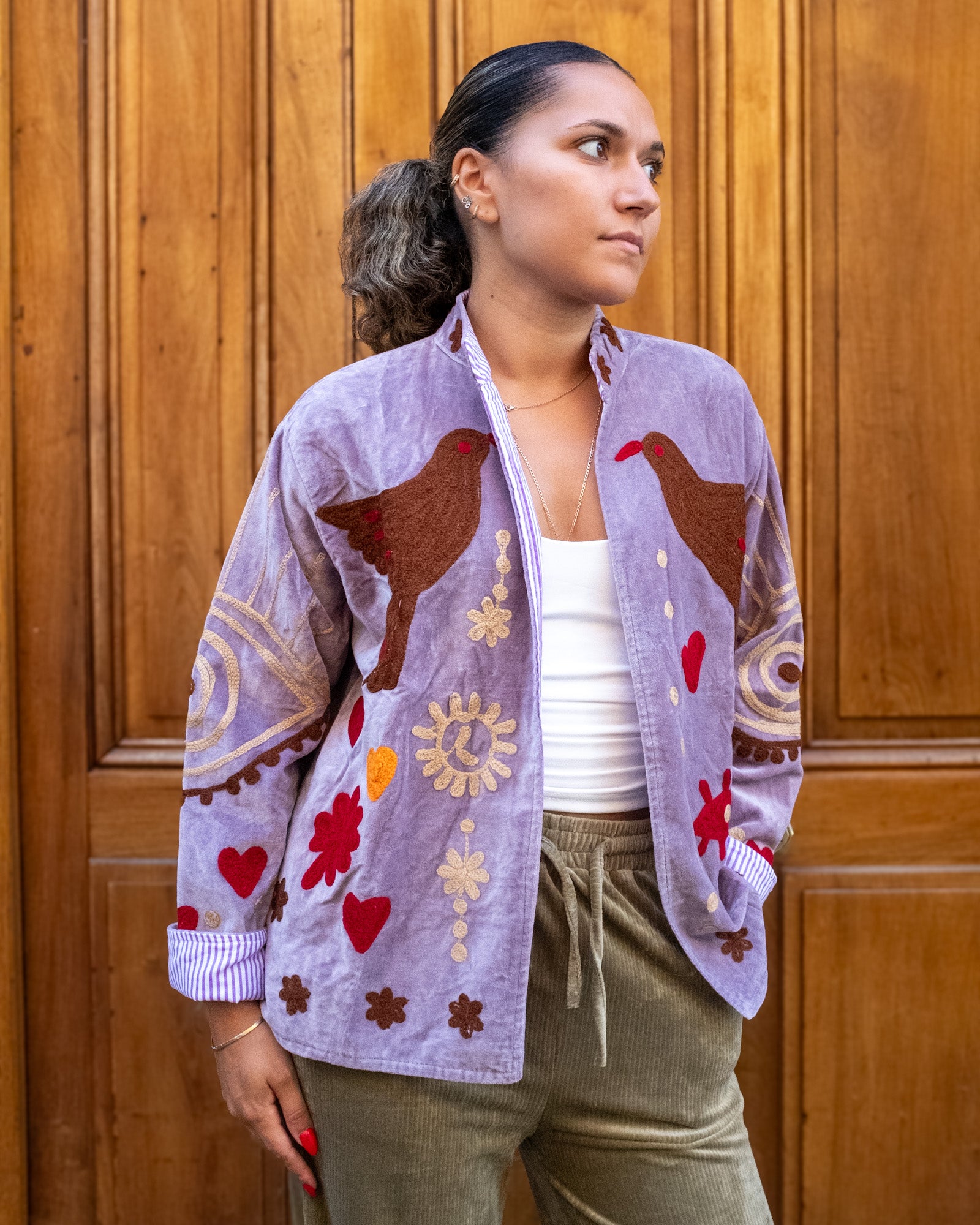 Veste brodée velours mauve