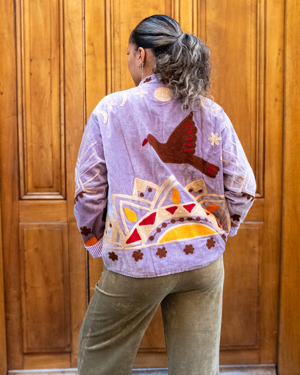 Veste brodée velours mauve