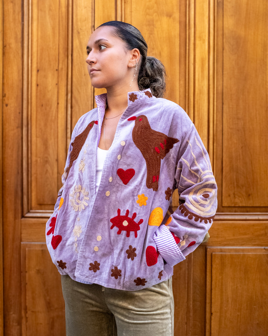 Veste brodée velours mauve