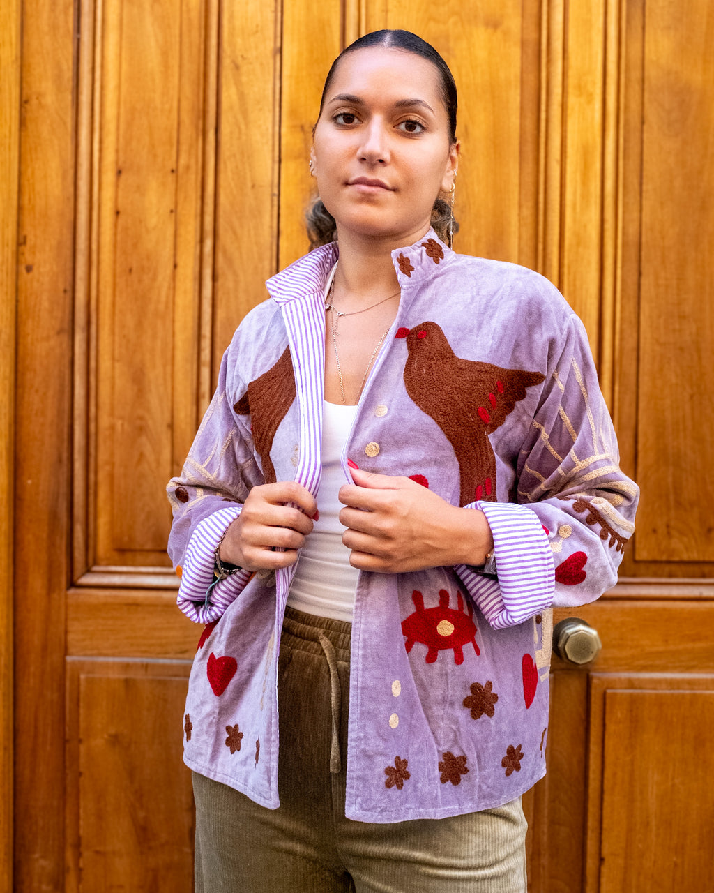 Veste brodée velours mauve