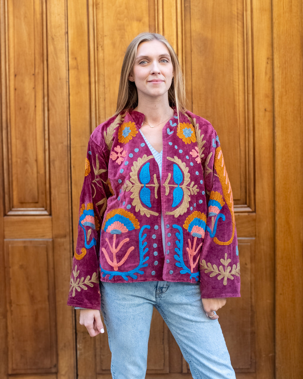 Veste velours brodées bordeaux fleurs "love"