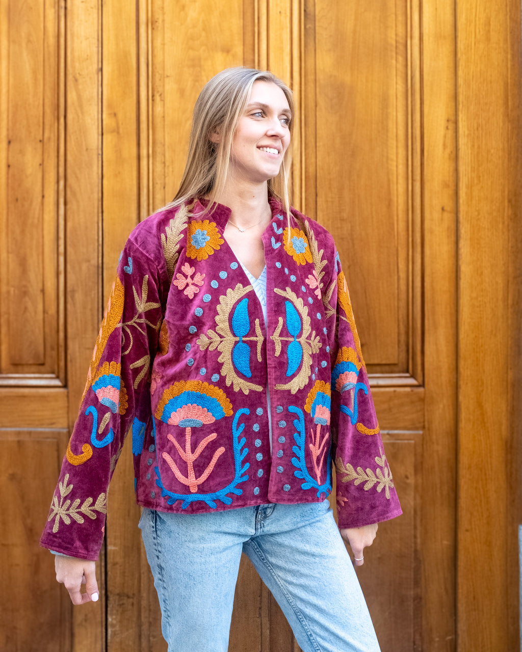 Veste velours brodées bordeaux fleurs "love"