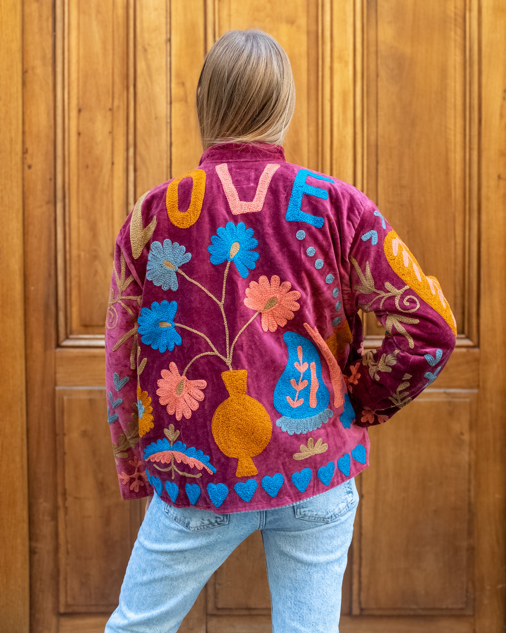 Veste velours brodées bordeaux fleurs "love"