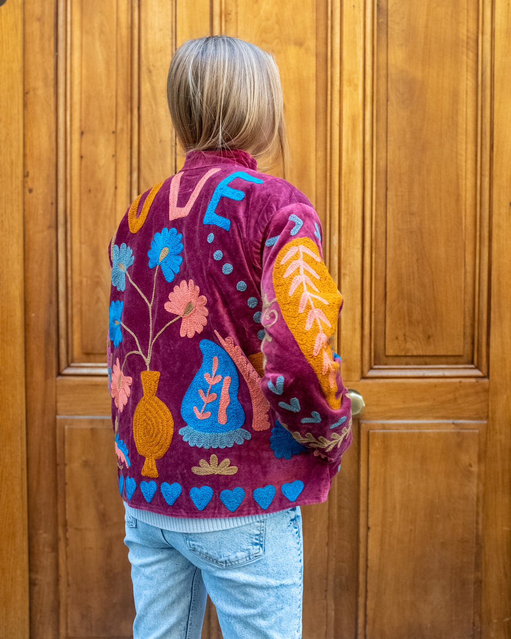 Veste velours brodées bordeaux fleurs "love"