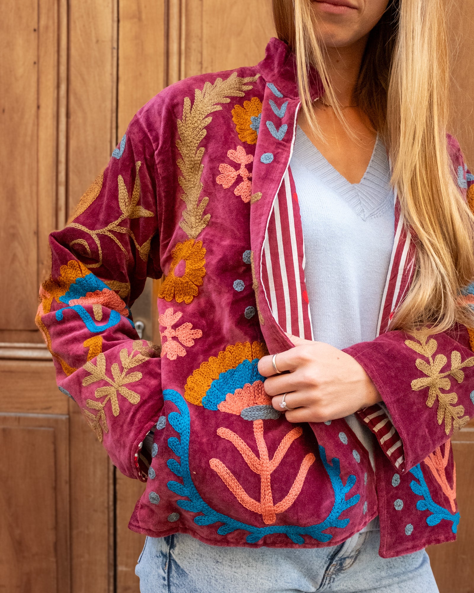 Veste velours brodées bordeaux fleurs "love"