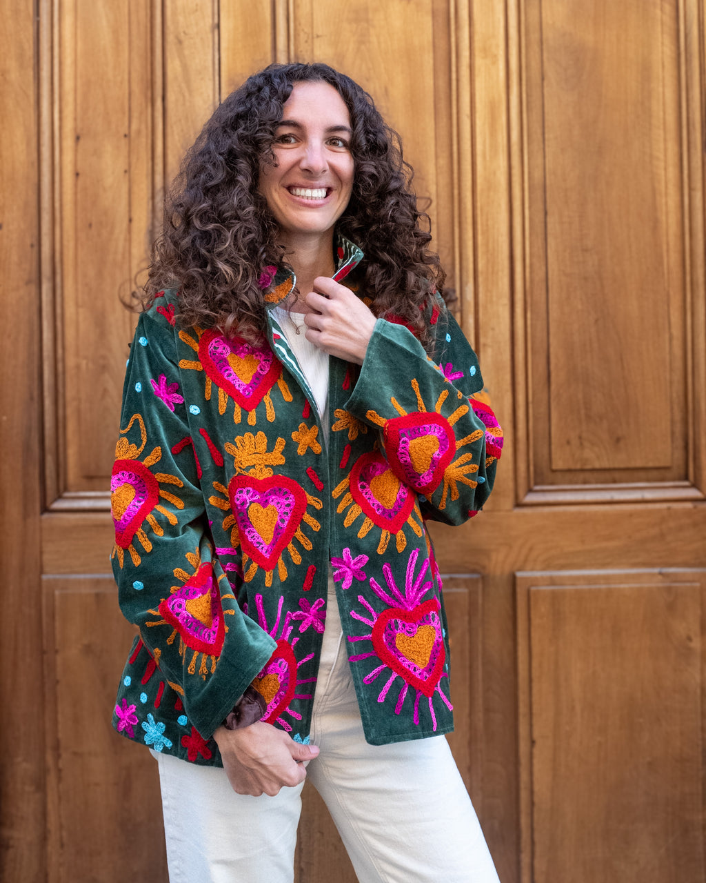 Veste brodée velours verte "ex-voto"