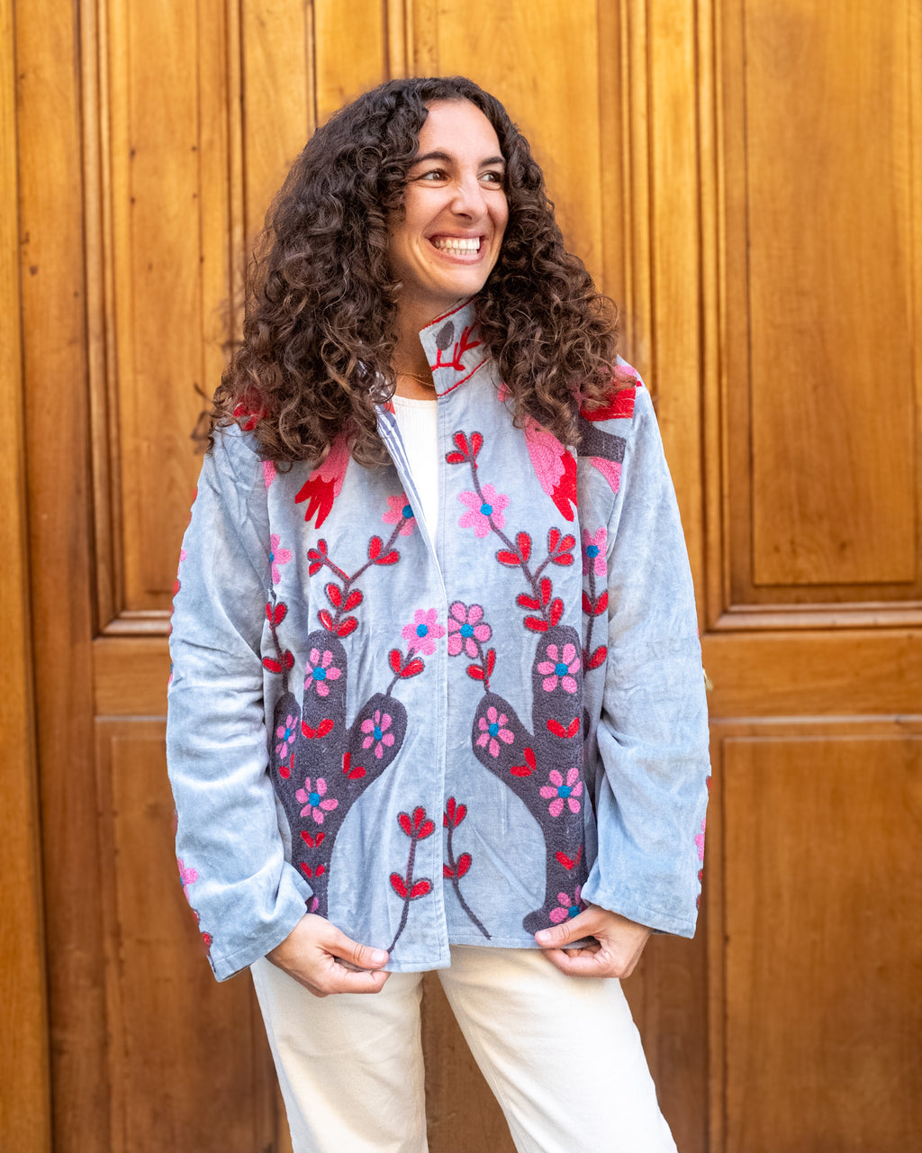 Veste brodée velours bleue grise cactus