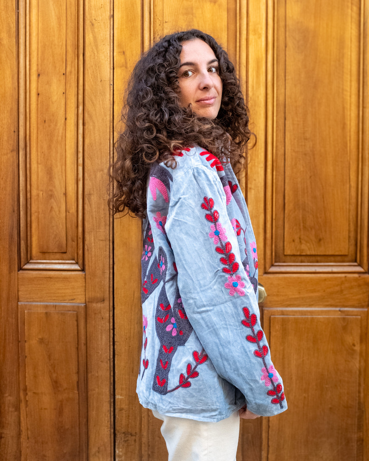 Veste brodée velours bleue grise cactus