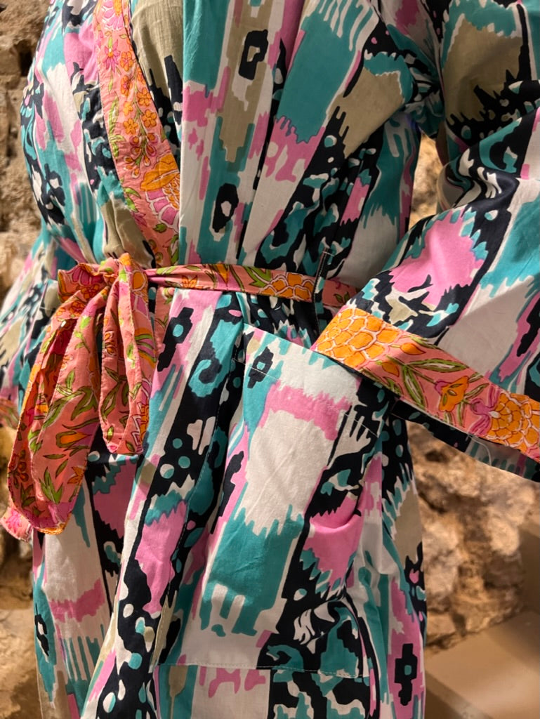 Photos Kimono Mi-Long Ikat Turquoise